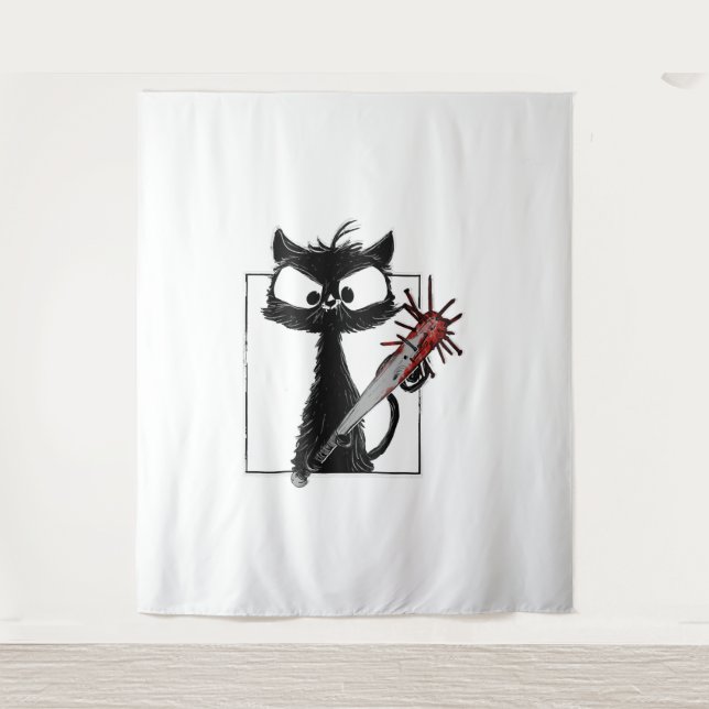 Black Cat Baseball Horror Halloween Tapestry (Front)