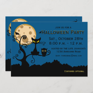 Black Cat, Bat, and Owl Halloween Invitation