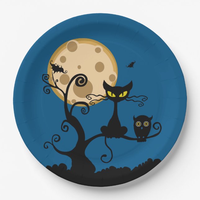 Black Cat, Bat, and Owl Halloween Paper Plate (Front)