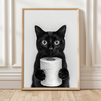Black Cat Bathroom Print, Cat Holding Toilet Roll, Poster