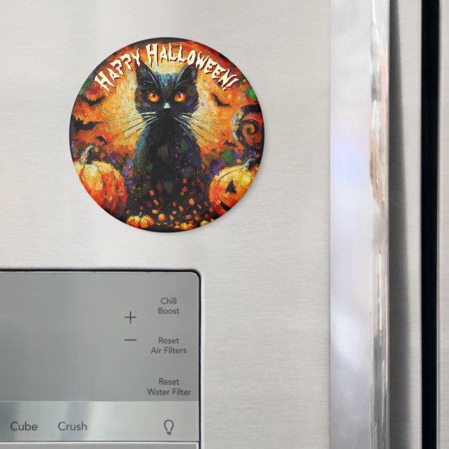 Black Cat Bats Pumpkins Whimsical Personalised Magnet (In Situ (Fridge))