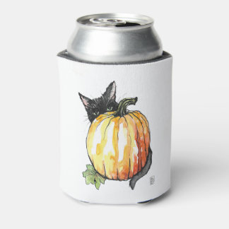 Black Cat Behind Pumpkin Can Cooler