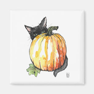 Black Cat Behind Pumpkin Magnet