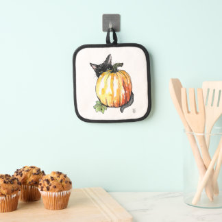 Black Cat Behind Pumpkin Pot Holder
