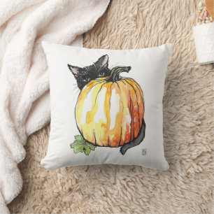 Black Cat Behind Pumpkin Throw Pillow