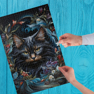 Black cat behind swirl of flowers and leaves jigsaw puzzle