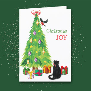 Black Cat, Bird, and Christmas Tree Joy Holiday Card