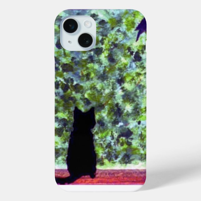 Black Cat Bird Watching Painting Cute Kitty Case-Mate iPhone Case (Back)