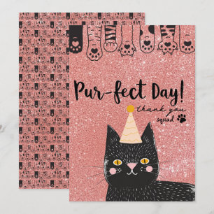 Black Cat Birthday Hat Pink Glitter Purfect Day Thank You Card