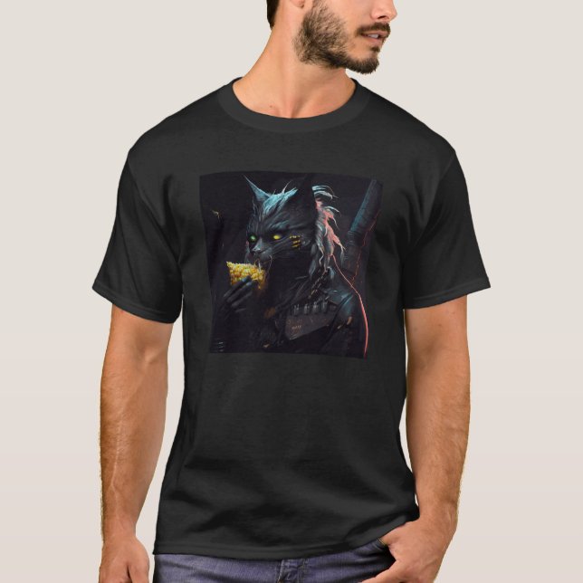 Black Cat Biting Corn On The Cob T-Shirt (Front)