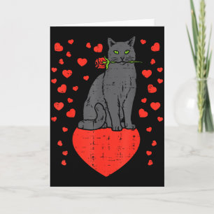 Black Cat Biting Rose Hearts Valentines Day Animal Card
