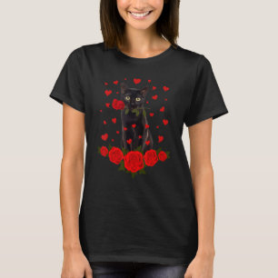 Black Cat Biting Rose Hearts Valentines Day Animal T-Shirt