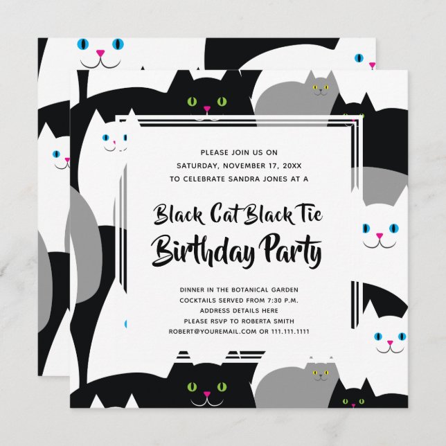 Black Cat Black Tie Funny Birthday Party Invites (Front/Back)