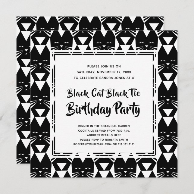 Black Cat Black Tie Funny Birthday Party Invites (Front/Back)
