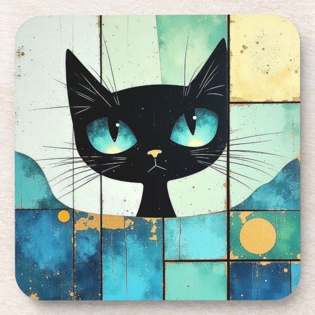 Black Cat Block art Coaster (Front)