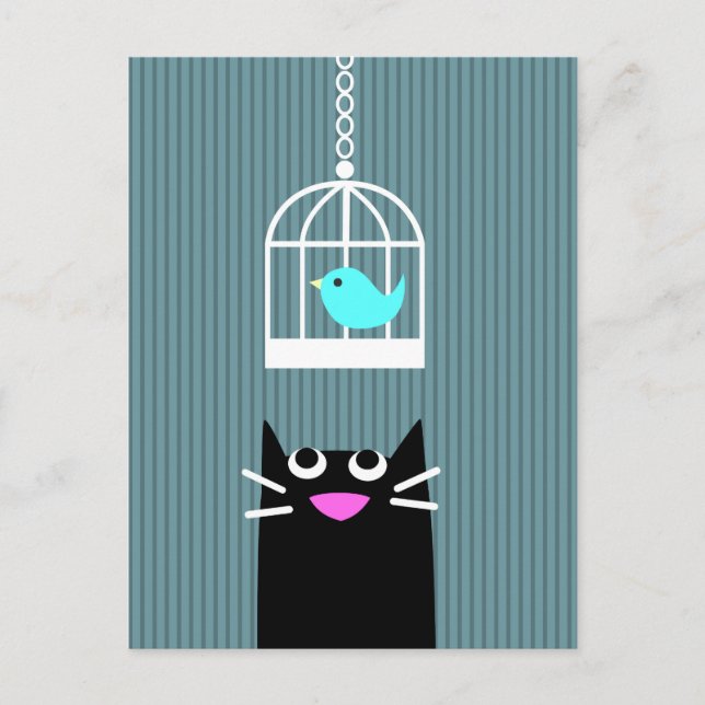 Black Cat & Blue Bird in Birdcage Postcard (Front)