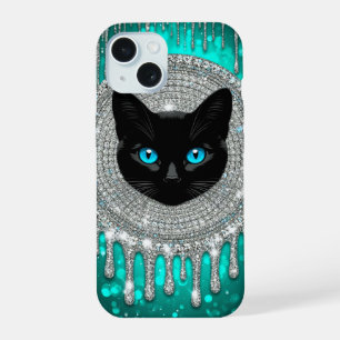 Black Cat Blue Eyes Emerald Gothic Portrait iPhone 15 Case