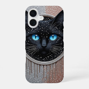 Black Cat Blue Eyes Modern Gothic Portrait iPhone 16 Case