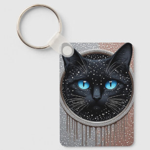 Black Cat Blue Eyes Modern Gothic Portrait Key Ring