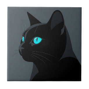 Black Cat Blue Eyes Portrait Ceramic Tile