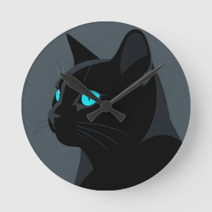 Black Cat Blue Eyes Portrait Round Clock