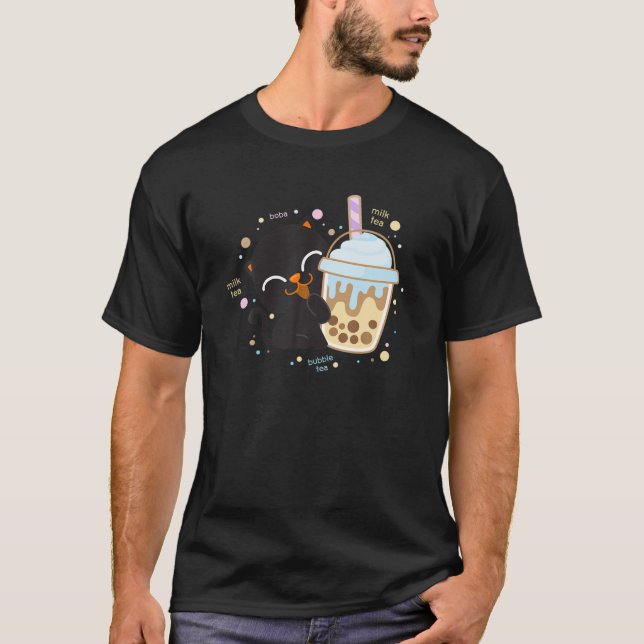 Black Cat Boba Tea Milk Tea Bubble Tea Kawaii Cute T-Shirt (Front)