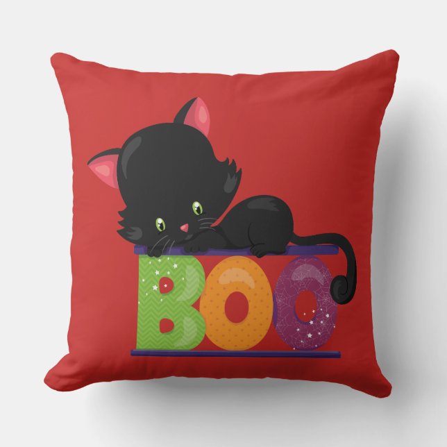Black Cat Boo Throw Pillow (Front)
