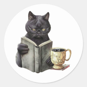 Black Cat Book Lover Bookworm Coffee Reading Kitty Classic Round Sticker