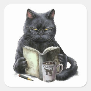 Black Cat Book Lover Bookworm Coffee Reading Kitty Square Sticker