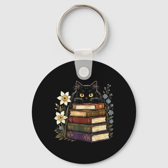 Black Cat Book Lover Key Ring (Front)