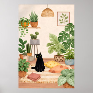 Black Cat Botanical Print, Cosy Boho Plant Wall Poster
