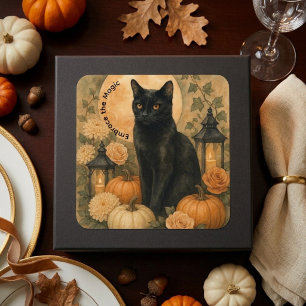 Black Cat Botanical Vintage Halloween Pumpkins Art Square Sticker