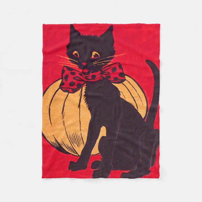 Black Cat Bowtie Pumpkin Vintage Fleece Blanket (Front)