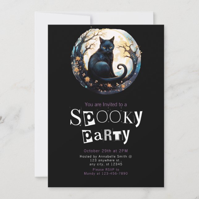 Black Cat Branch Modern Minimalist Halloween Invitation (Front)