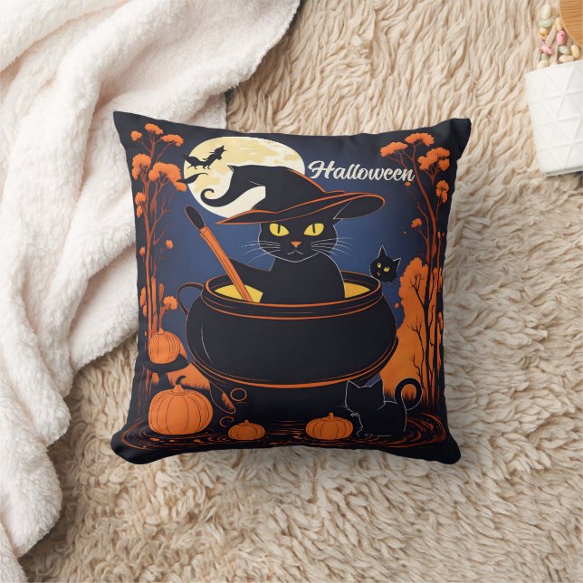Black cat brewing potions under a Halloween moon Cushion (Blanket)