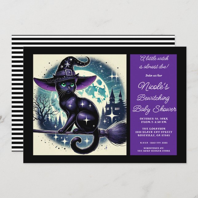 Black Cat Broom Witch Magic Halloween Baby Shower Invitation (Front/Back)