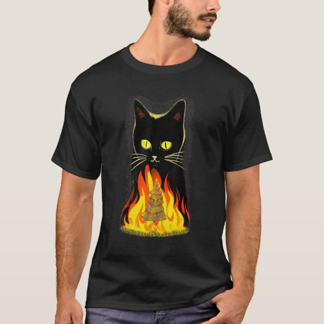 Black Cat Burning A Christmas Tree Funny Anti Chri T-Shirt (Front)