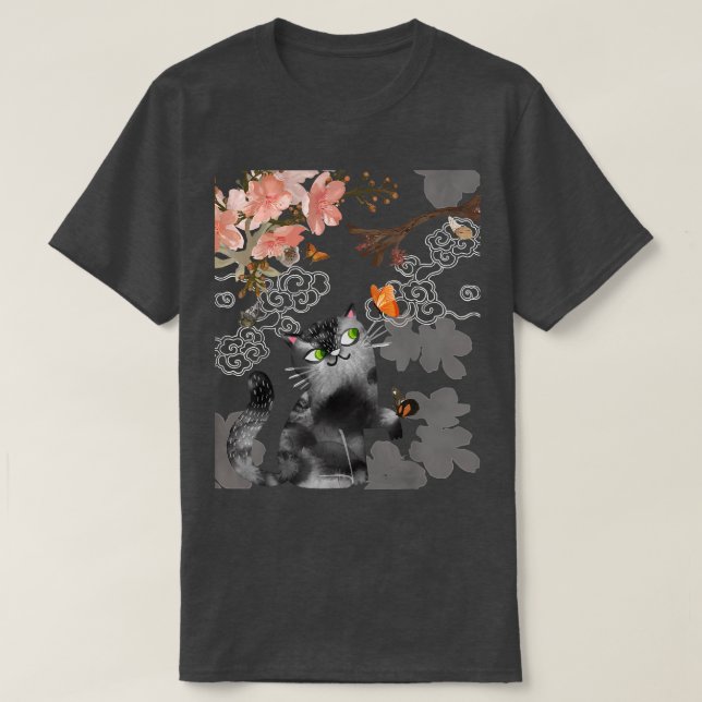 Black Cat & Butterflies Under Cherry Blossom Sakur T-Shirt (Design Front)