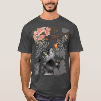 Black Cat & Butterflies Under Cherry Blossom Sakur T-Shirt