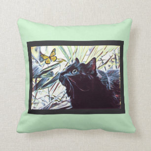 Black Cat & Butterfly (on mint background) Cushion