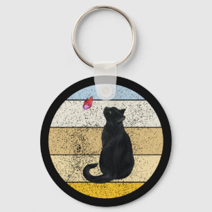 Black Cat Butterfly Retro Sunset Key Ring