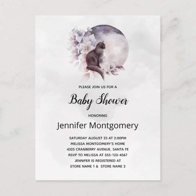 Black Cat by a Magical Full Moon Baby Shower Invitation Postcard (Front)