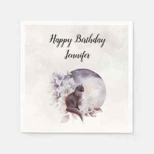 Black Cat by a Magical Full Moon Birthday Napkin