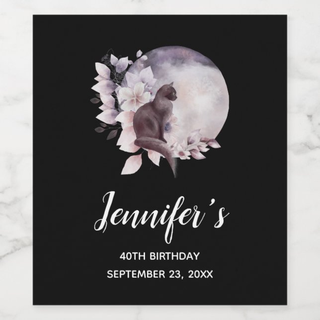 Black Cat by a Magical Full Moon Birthday Wine Label (Single Label)