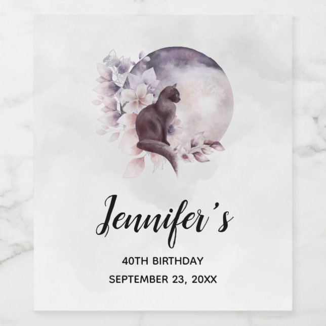 Black Cat by a Magical Full Moon Birthday Wine Label (Single Label)