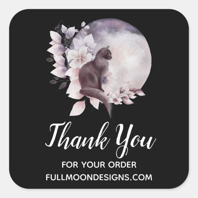Black Cat by a Magical Full Moon Business Square Sticker (Front)
