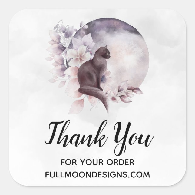Black Cat by a Magical Full Moon Business Square Sticker (Front)