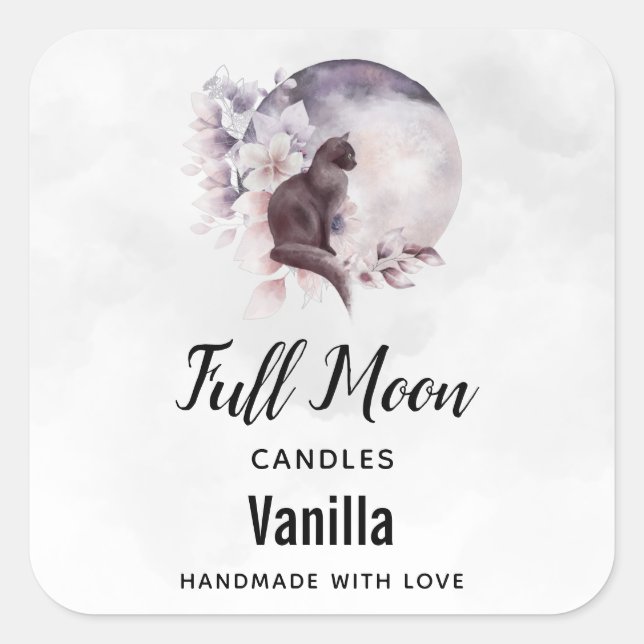 Black Cat by a Magical Full Moon Candle Square Sticker (Front)