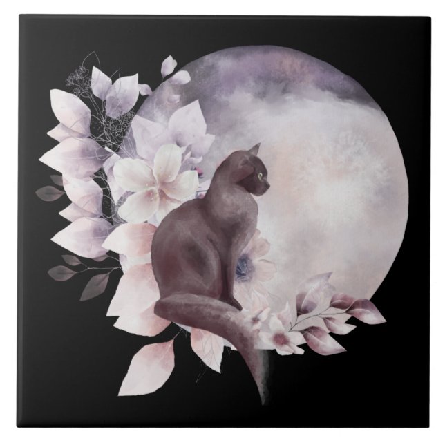 Black Cat by a Magical Full Moon Ceramic Tile (Front)