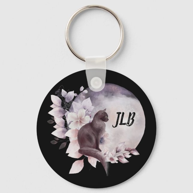 Black Cat by a Magical Full Moon Key Ring (Front)